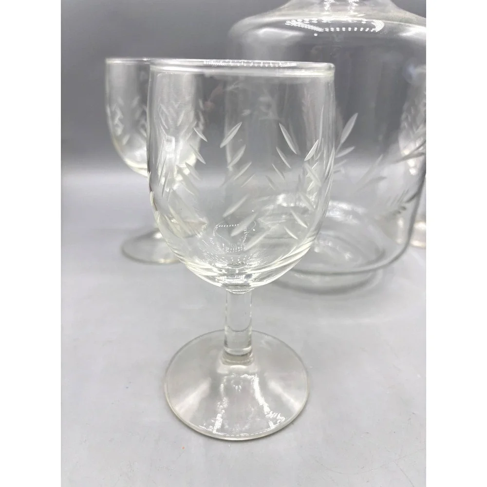 Vintage Etched Wheat Glass Decanter Set with Stopper and 3 Cordial Glasses Clear